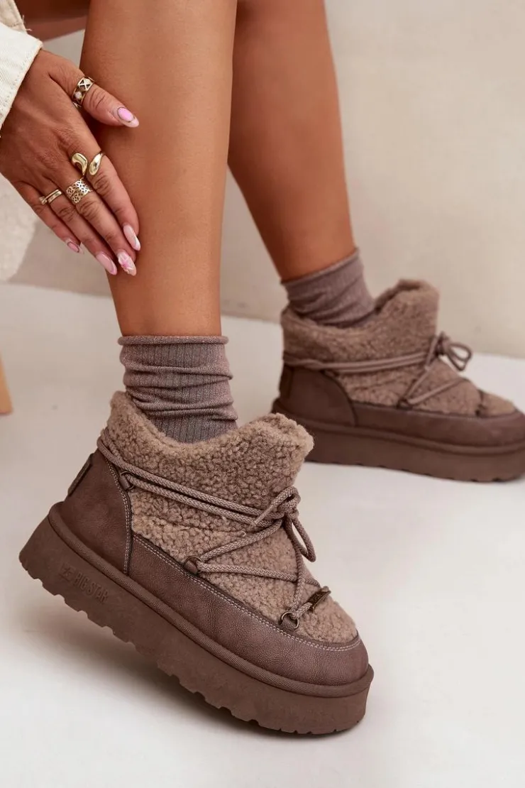 Outlet Big Star Shoes Śniegowce Damskie Na Platformie Z Futerkiem Typu Baranek Big Star SS274112 Brązowe Brązowy