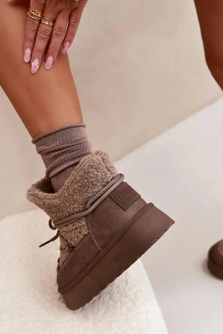 Outlet Big Star Shoes Śniegowce Damskie Na Platformie Z Futerkiem Typu Baranek Big Star SS274112 Brązowe Brązowy