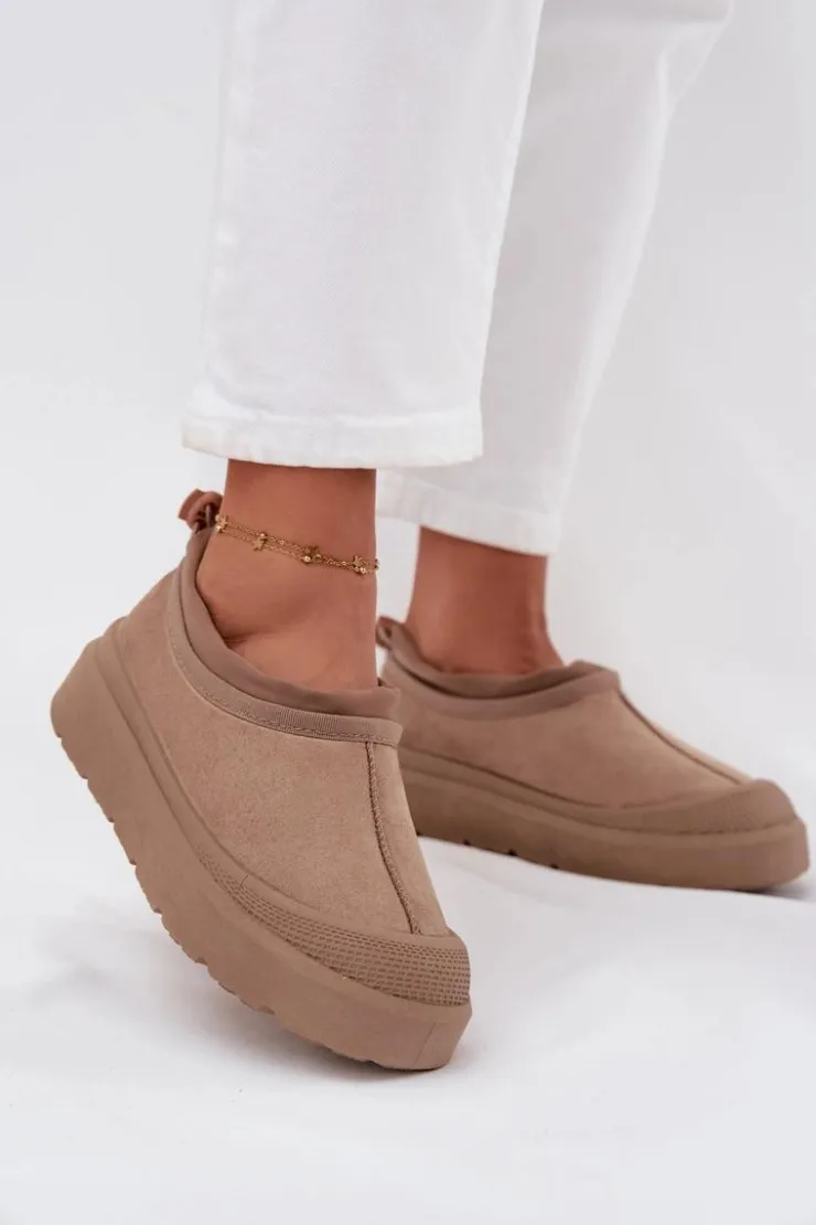 New Boto Śniegowce Damskie Na Platformie Z Niską Cholewką Ciemnobeżowe Izamine Beżowy