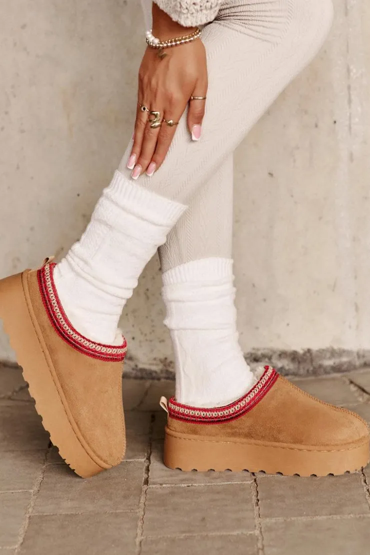 New Boto Śniegowce Damskie Na Platformie Ocieplane Futerkiem Camel Remenia