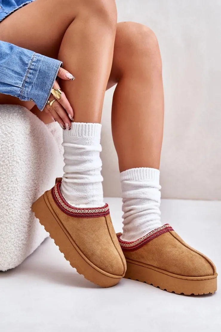 New Boto Śniegowce Damskie Na Platformie Ocieplane Futerkiem Camel Remenia