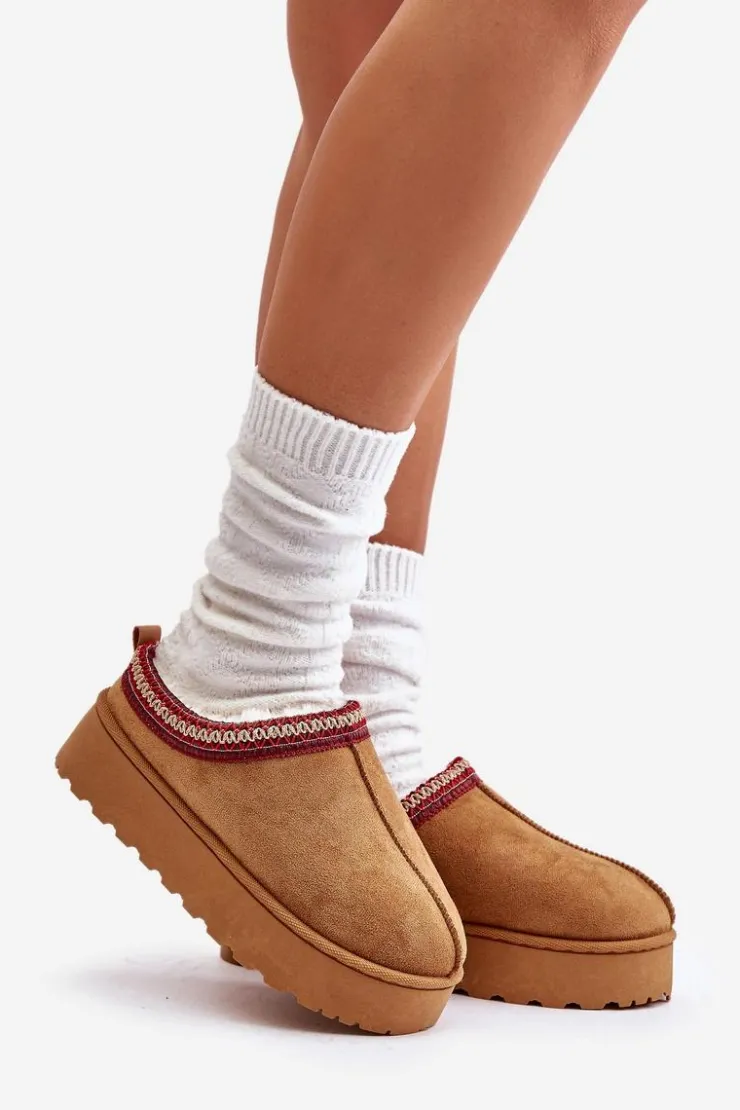 New Boto Śniegowce Damskie Na Platformie Ocieplane Futerkiem Camel Remenia