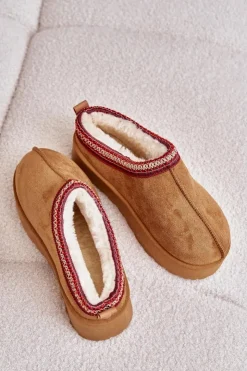 New Boto Śniegowce Damskie Na Platformie Ocieplane Futerkiem Camel Remenia