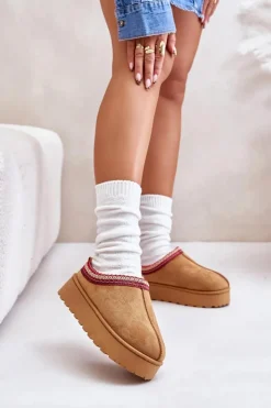 New Boto Śniegowce Damskie Na Platformie Ocieplane Futerkiem Camel Remenia