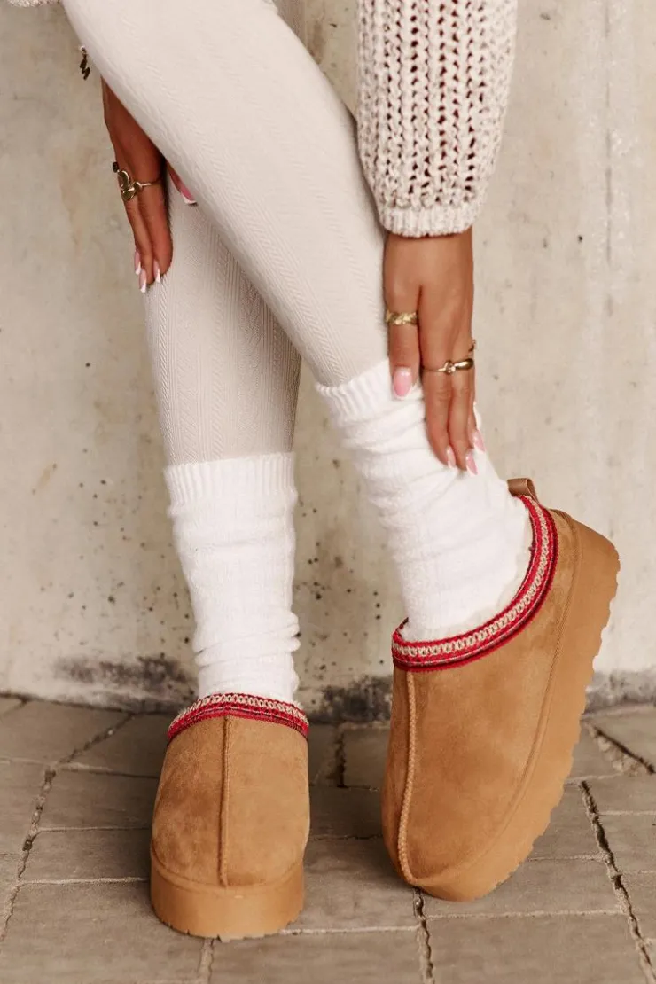 New Boto Śniegowce Damskie Na Platformie Ocieplane Futerkiem Camel Remenia