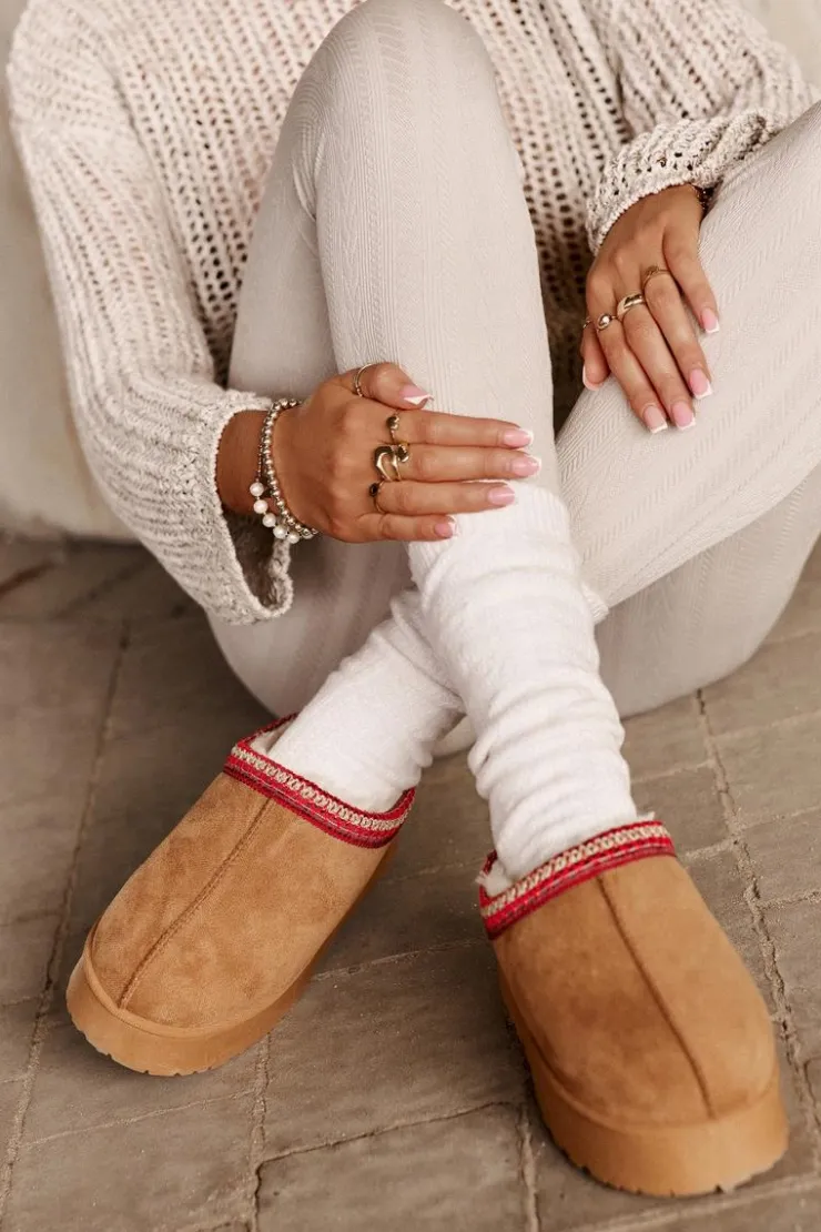 New Boto Śniegowce Damskie Na Platformie Ocieplane Futerkiem Camel Remenia