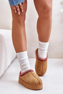 New Boto Śniegowce Damskie Na Platformie Ocieplane Futerkiem Camel Remenia