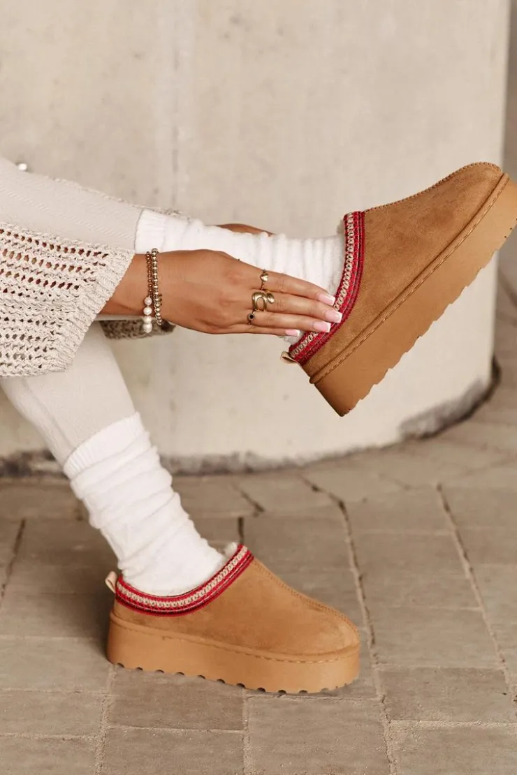 New Boto Śniegowce Damskie Na Platformie Ocieplane Futerkiem Camel Remenia