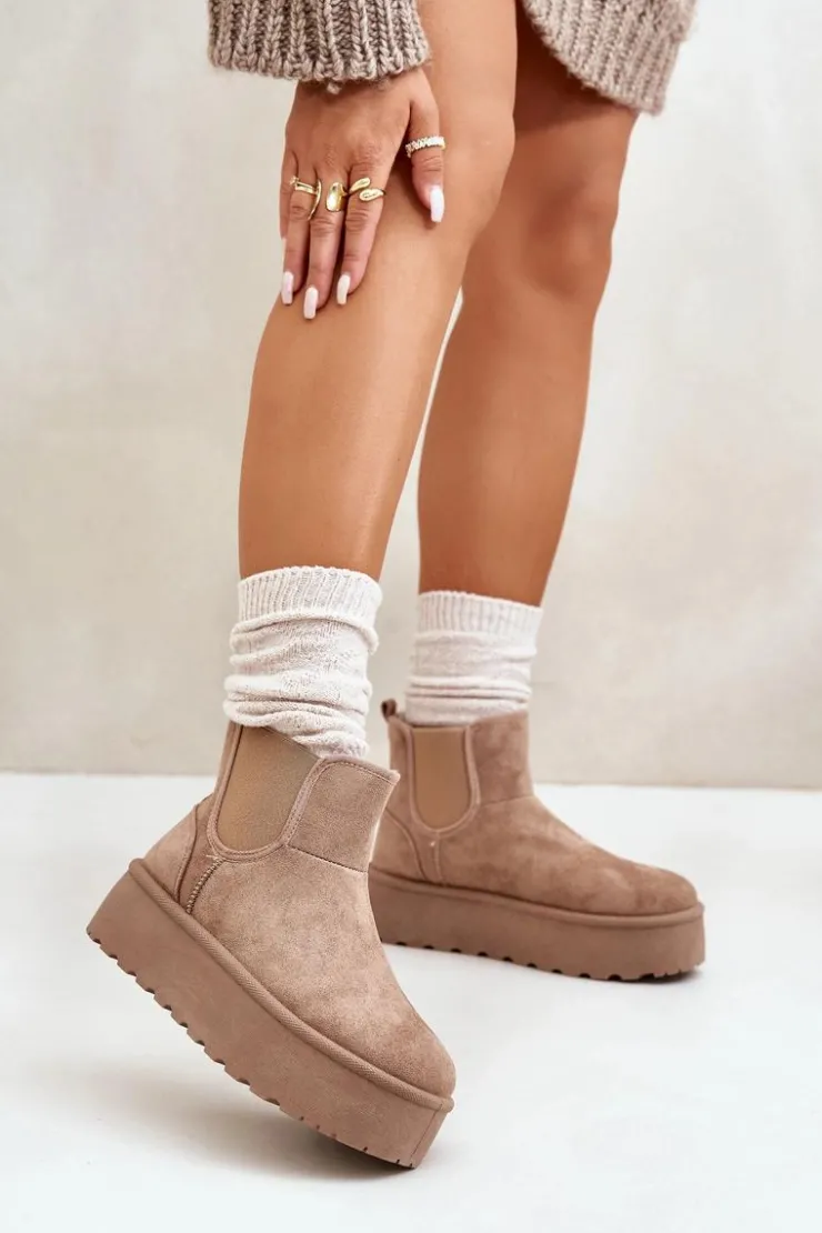 Hot Boto Śniegowce Damskie Na Platformie Z Elastycznymi Wstawkami Ciemnobeżowe Rialine