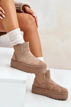 Hot Boto Śniegowce Damskie Na Platformie Z Elastycznymi Wstawkami Ciemnobeżowe Rialine