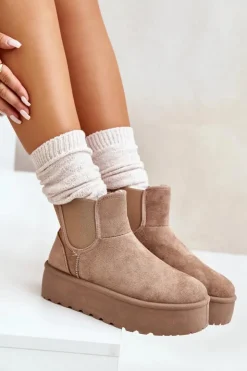 Hot Boto Śniegowce Damskie Na Platformie Z Elastycznymi Wstawkami Ciemnobeżowe Rialine