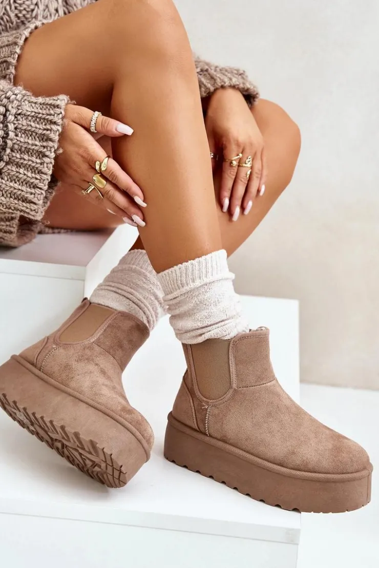 Hot Boto Śniegowce Damskie Na Platformie Z Elastycznymi Wstawkami Ciemnobeżowe Rialine