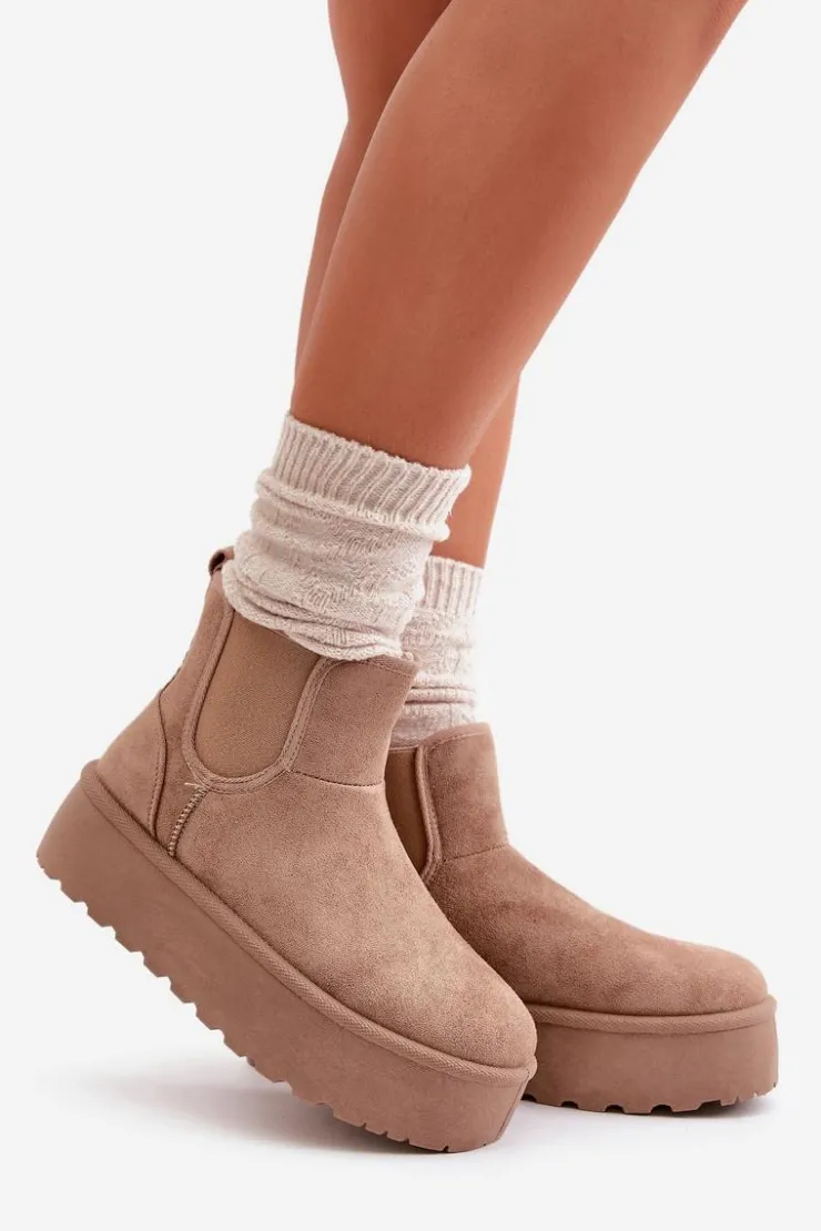 Hot Boto Śniegowce Damskie Na Platformie Z Elastycznymi Wstawkami Ciemnobeżowe Rialine