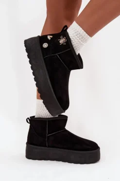 Boto Śniegowce Damskie*Śniegowce Damskie Na Platformie Z Przypinkami Czarne Maelle Czarny