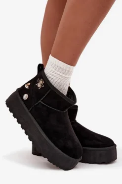 Boto Śniegowce Damskie*Śniegowce Damskie Na Platformie Z Przypinkami Czarne Maelle Czarny