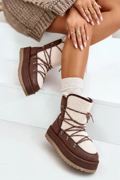 Boto Śniegowce Damskie*Śniegowce Damskie Na Platformie Z Wiązaniem Brązowe Riaviana