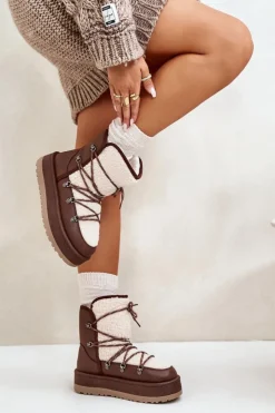 Boto Śniegowce Damskie*Śniegowce Damskie Na Platformie Z Wiązaniem Brązowe Riaviana