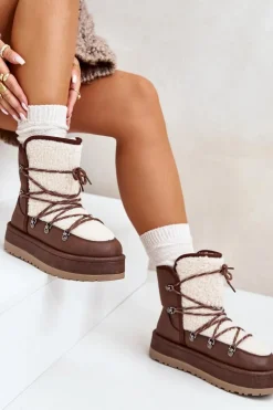 Boto Śniegowce Damskie*Śniegowce Damskie Na Platformie Z Wiązaniem Brązowe Riaviana