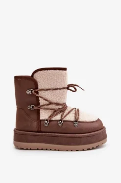 Boto Śniegowce Damskie*Śniegowce Damskie Na Platformie Z Wiązaniem Brązowe Riaviana