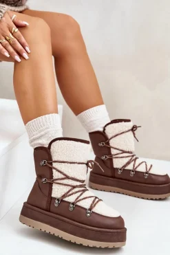 Boto Śniegowce Damskie*Śniegowce Damskie Na Platformie Z Wiązaniem Brązowe Riaviana