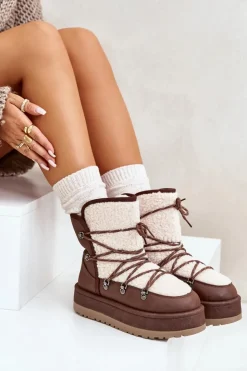 Boto Śniegowce Damskie*Śniegowce Damskie Na Platformie Z Wiązaniem Brązowe Riaviana