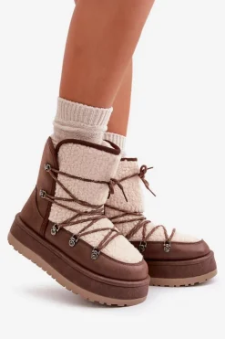 Boto Śniegowce Damskie*Śniegowce Damskie Na Platformie Z Wiązaniem Brązowe Riaviana