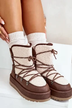 Boto Śniegowce Damskie*Śniegowce Damskie Na Platformie Z Wiązaniem Brązowe Riaviana