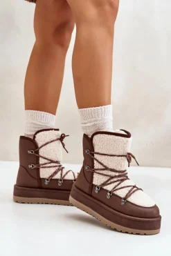 Boto Śniegowce Damskie*Śniegowce Damskie Na Platformie Z Wiązaniem Brązowe Riaviana