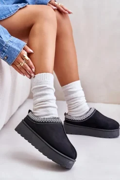 Damskie Boto Śniegowce Damskie Na Platformie Ocieplane Futerkiem Czarne Remenia