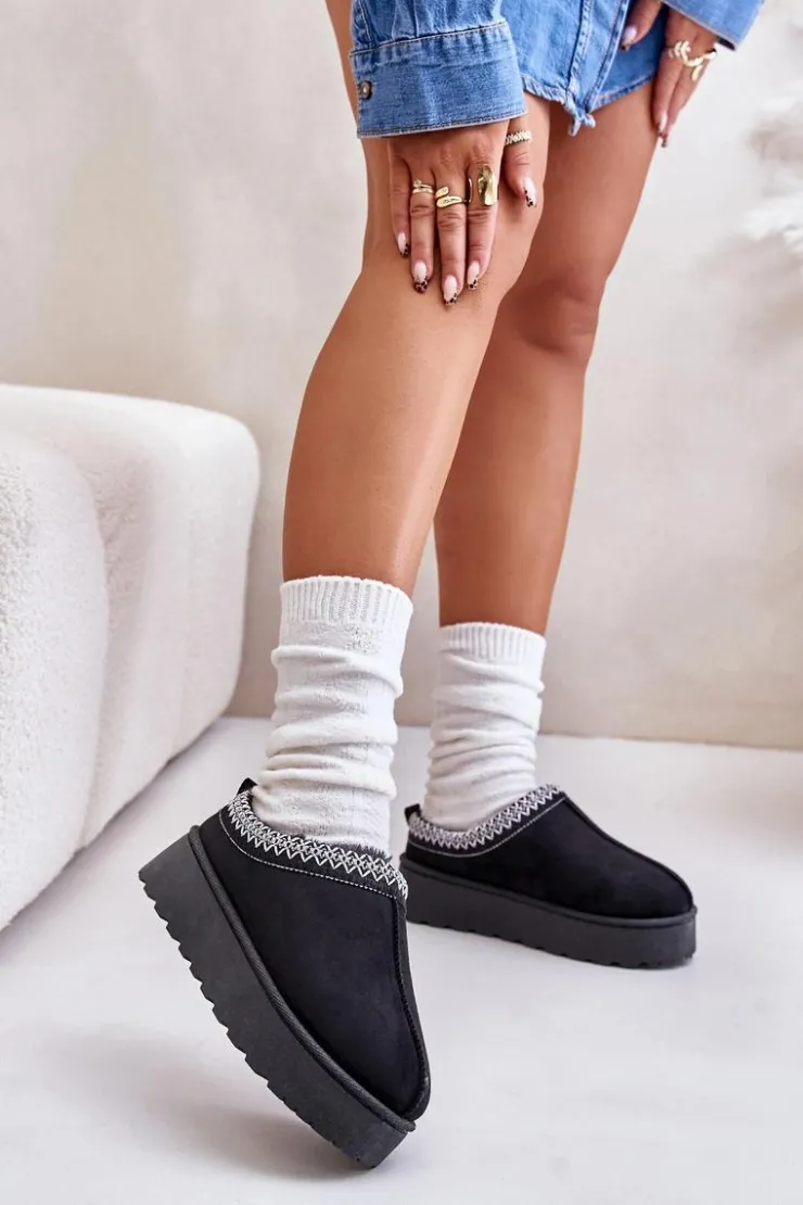 Damskie Boto Śniegowce Damskie Na Platformie Ocieplane Futerkiem Czarne Remenia