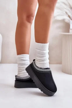 Damskie Boto Śniegowce Damskie Na Platformie Ocieplane Futerkiem Czarne Remenia