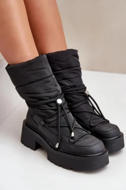 Boto Śniegowce Damskie*Śniegowce Damskie Na Platformie I Płaskim Obcasie Czarne Seandriel