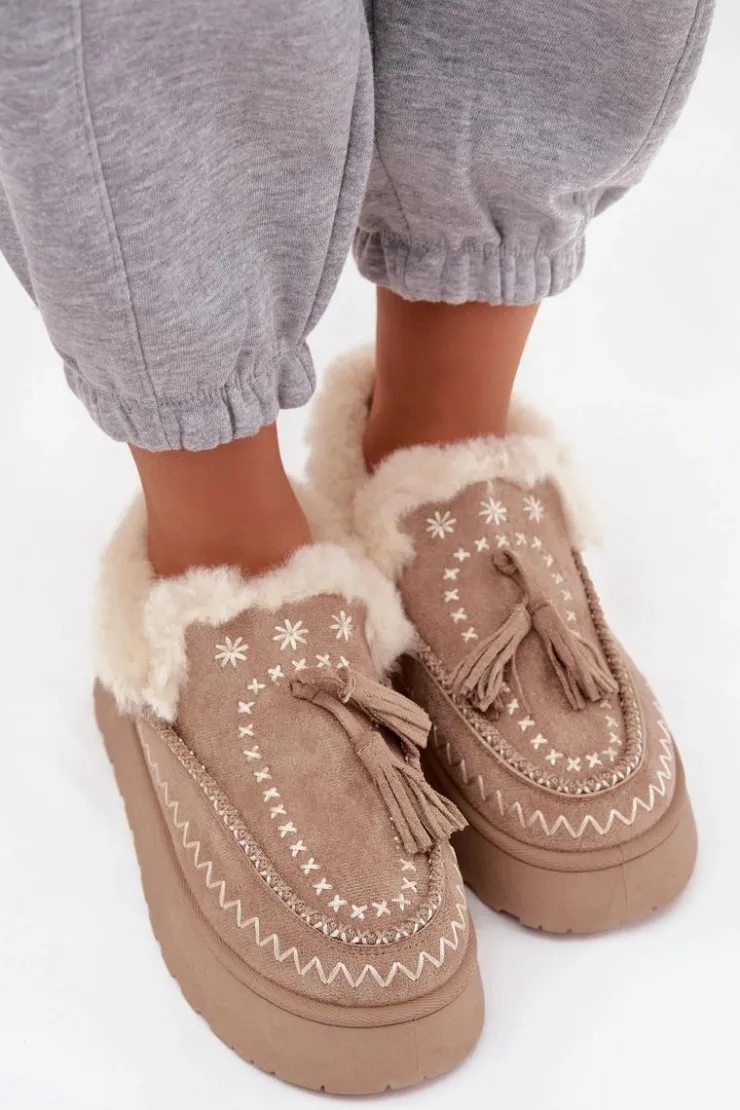 Online Boto Śniegowce Damskie Na Platformie Z Futerkiem I Frędzlami Beżowe Ferayne Beżowy