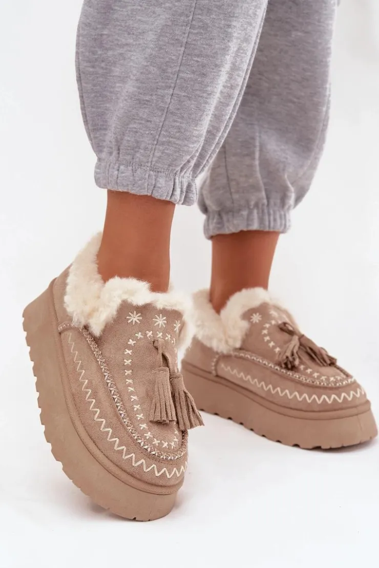 Online Boto Śniegowce Damskie Na Platformie Z Futerkiem I Frędzlami Beżowe Ferayne Beżowy