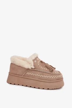 Online Boto Śniegowce Damskie Na Platformie Z Futerkiem I Frędzlami Beżowe Ferayne Beżowy