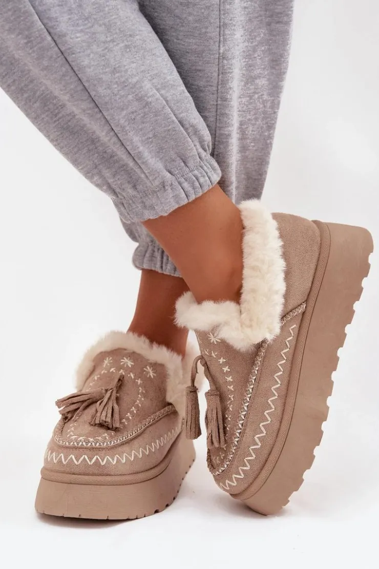 Online Boto Śniegowce Damskie Na Platformie Z Futerkiem I Frędzlami Beżowe Ferayne Beżowy