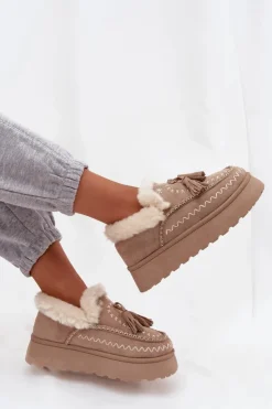 Online Boto Śniegowce Damskie Na Platformie Z Futerkiem I Frędzlami Beżowe Ferayne Beżowy