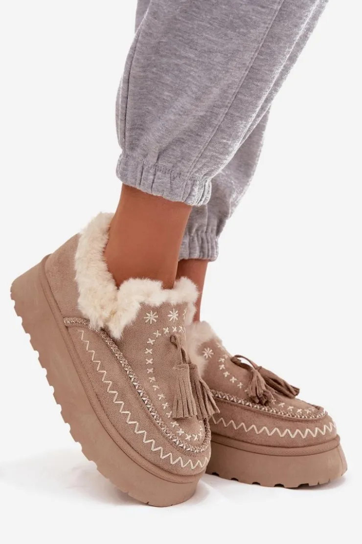Online Boto Śniegowce Damskie Na Platformie Z Futerkiem I Frędzlami Beżowe Ferayne Beżowy