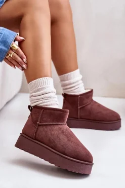 Boto Śniegowce Damskie*Śniegowce Damskie Na Platformie Ocieplane Futerkiem Ciemnobrązowe Xamella Brązowy