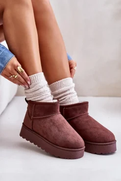 Boto Śniegowce Damskie*Śniegowce Damskie Na Platformie Ocieplane Futerkiem Ciemnobrązowe Xamella Brązowy