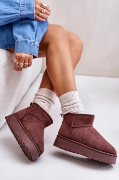 Boto Śniegowce Damskie*Śniegowce Damskie Na Platformie Ocieplane Futerkiem Ciemnobrązowe Xamella Brązowy