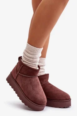 Boto Śniegowce Damskie*Śniegowce Damskie Na Platformie Ocieplane Futerkiem Ciemnobrązowe Xamella Brązowy