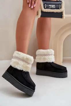 Boto Śniegowce Damskie*Śniegowce Damskie Na Platformie Z Futerkiem I Wzorem Czarne Deepanti Czarny