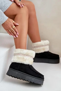 Boto Śniegowce Damskie*Śniegowce Damskie Na Platformie Z Futerkiem I Wzorem Czarne Deepanti Czarny