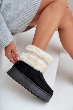 Boto Śniegowce Damskie*Śniegowce Damskie Na Platformie Z Futerkiem I Wzorem Czarne Deepanti Czarny