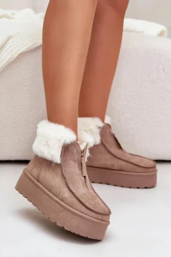 Damskie Boto Śniegowce Damskie Na Platformie Z Futerkiem I Suwakiem Ciemnobeżowe Filiala