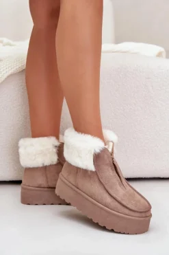 Damskie Boto Śniegowce Damskie Na Platformie Z Futerkiem I Suwakiem Ciemnobeżowe Filiala