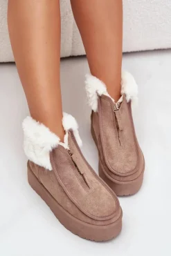 Damskie Boto Śniegowce Damskie Na Platformie Z Futerkiem I Suwakiem Ciemnobeżowe Filiala