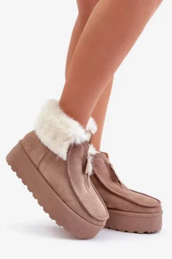 Damskie Boto Śniegowce Damskie Na Platformie Z Futerkiem I Suwakiem Ciemnobeżowe Filiala