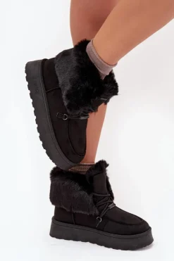 Big Star Shoes Śniegowce Damskie*Śniegowce Damskie Na Platformie Z Futerkiem I Wiązaniem Big Star SS274113 Czarne Czarny